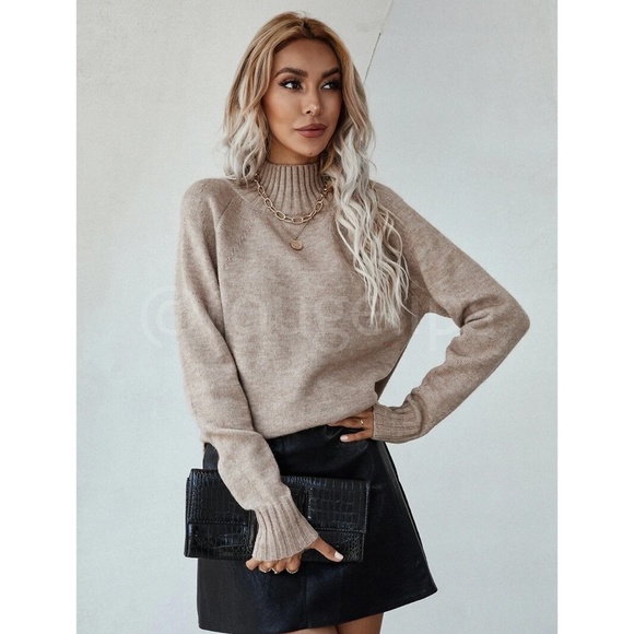 Beige Knit Turtleneck Pullover Sweater Long Sleeve Side Slits - Picture 3 of 10